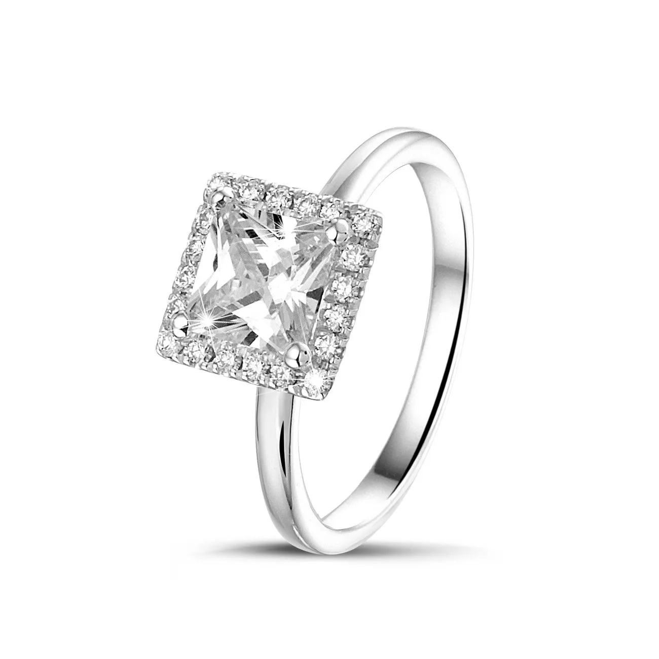 0.70 quilates halo anillo solitario diamante princesa en oro blanco con diamantes redondos 