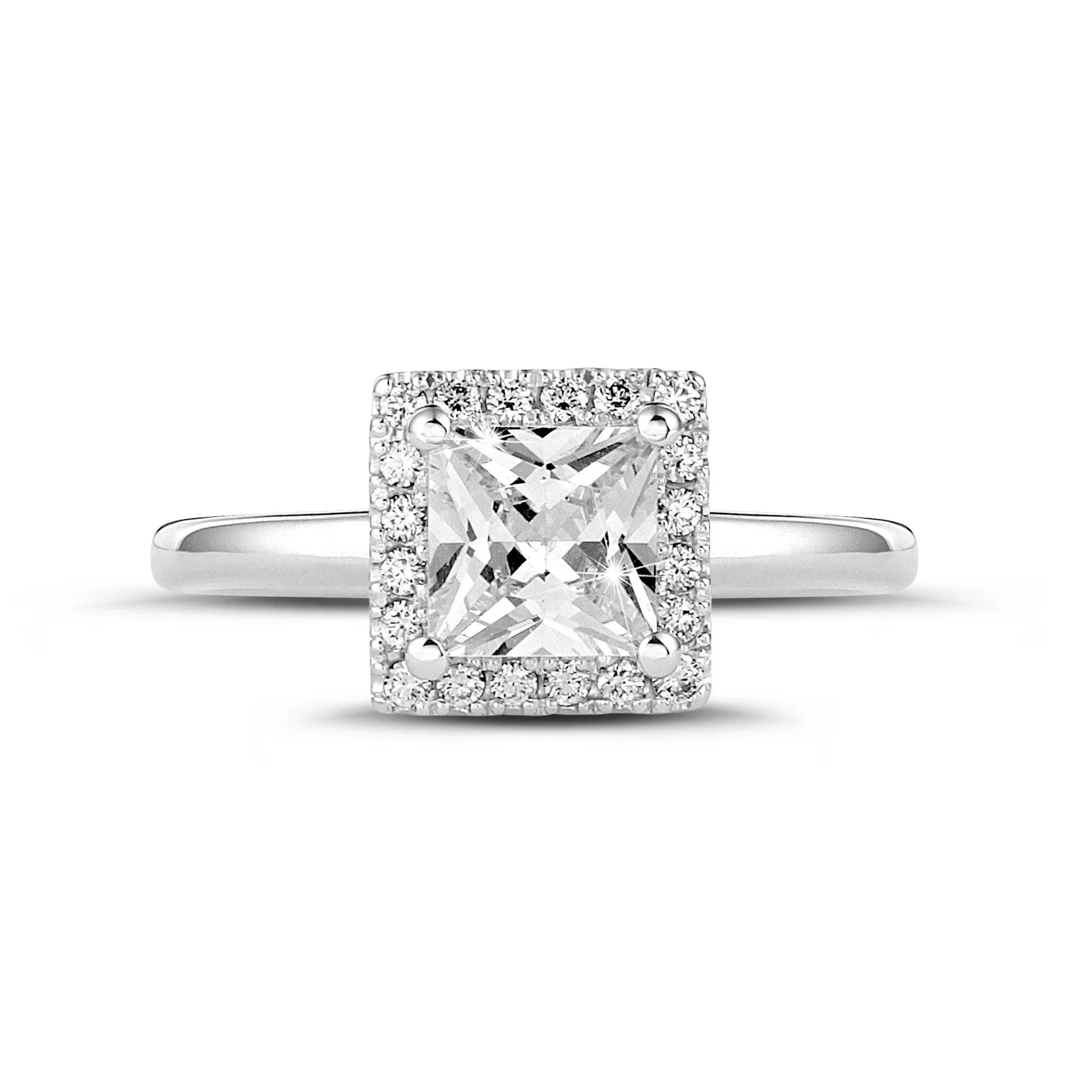 0.70 quilates halo anillo solitario diamante princesa en oro blanco con diamantes redondos 