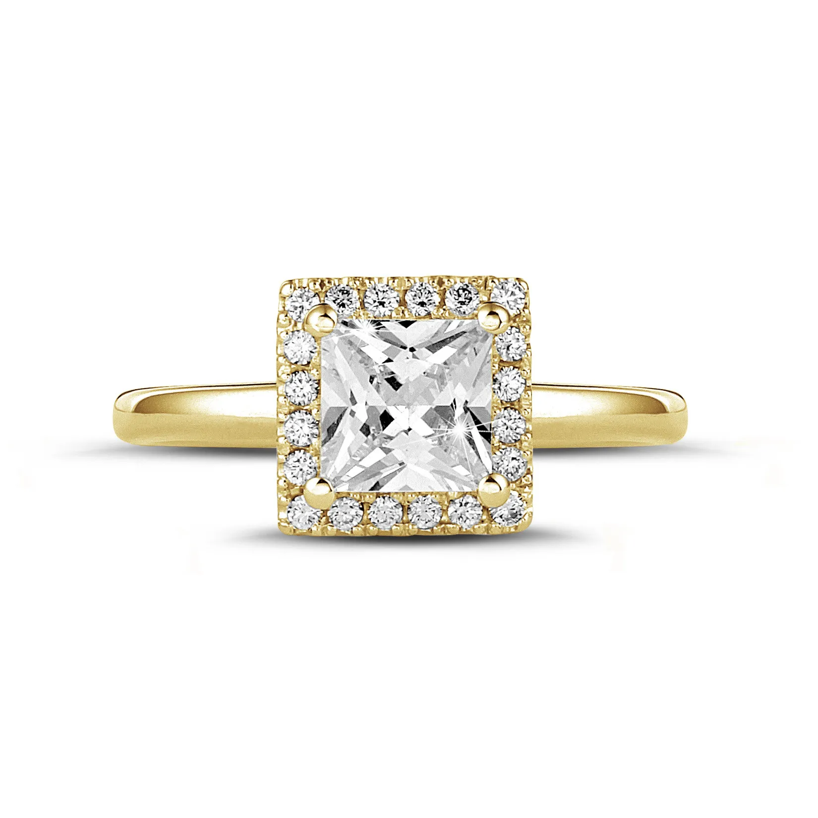 1.00 quilateshalo anillo solitario diamante princesa en oro amarillo con diamantes redondos 