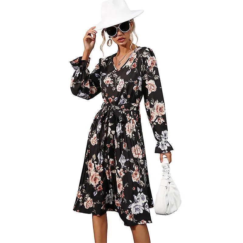 2022 Nueva Falda Plisada Otoño E Invierno Vestido Retro Manga Larga Con Cordones Estampado Europeo y Americano