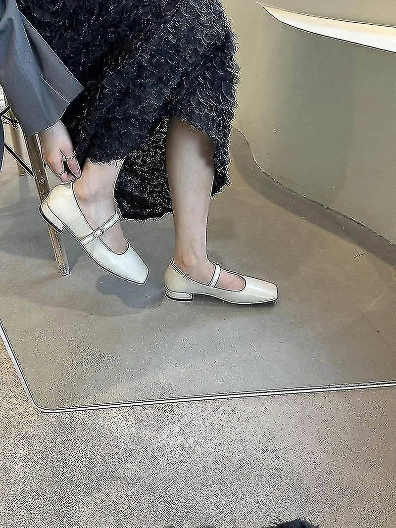 2023 Nueva minoría francesa Zapatos de cuero plateado Pie Muelle Tacón bajo Tacón grueso Boca poco profunda Mary Jane Pumps Muje