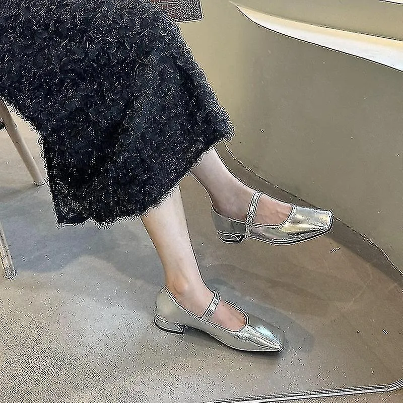 2023 Nueva minoría francesa Zapatos de cuero plateado Pie Muelle Tacón bajo Tacón grueso Boca poco profunda Mary Jane Pumps Muje