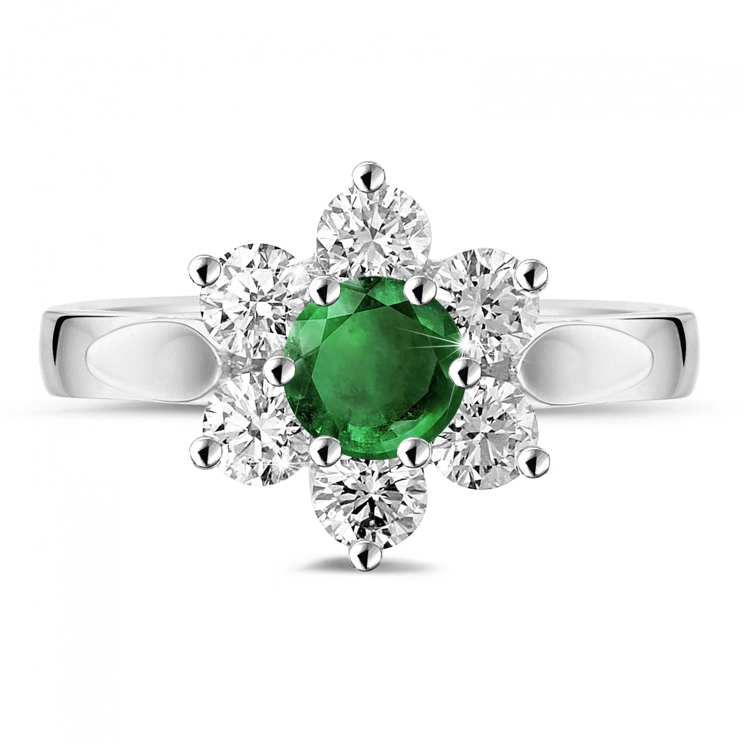 Anillo flor en Platino con esmeralda redonda y diamantes en los lados 