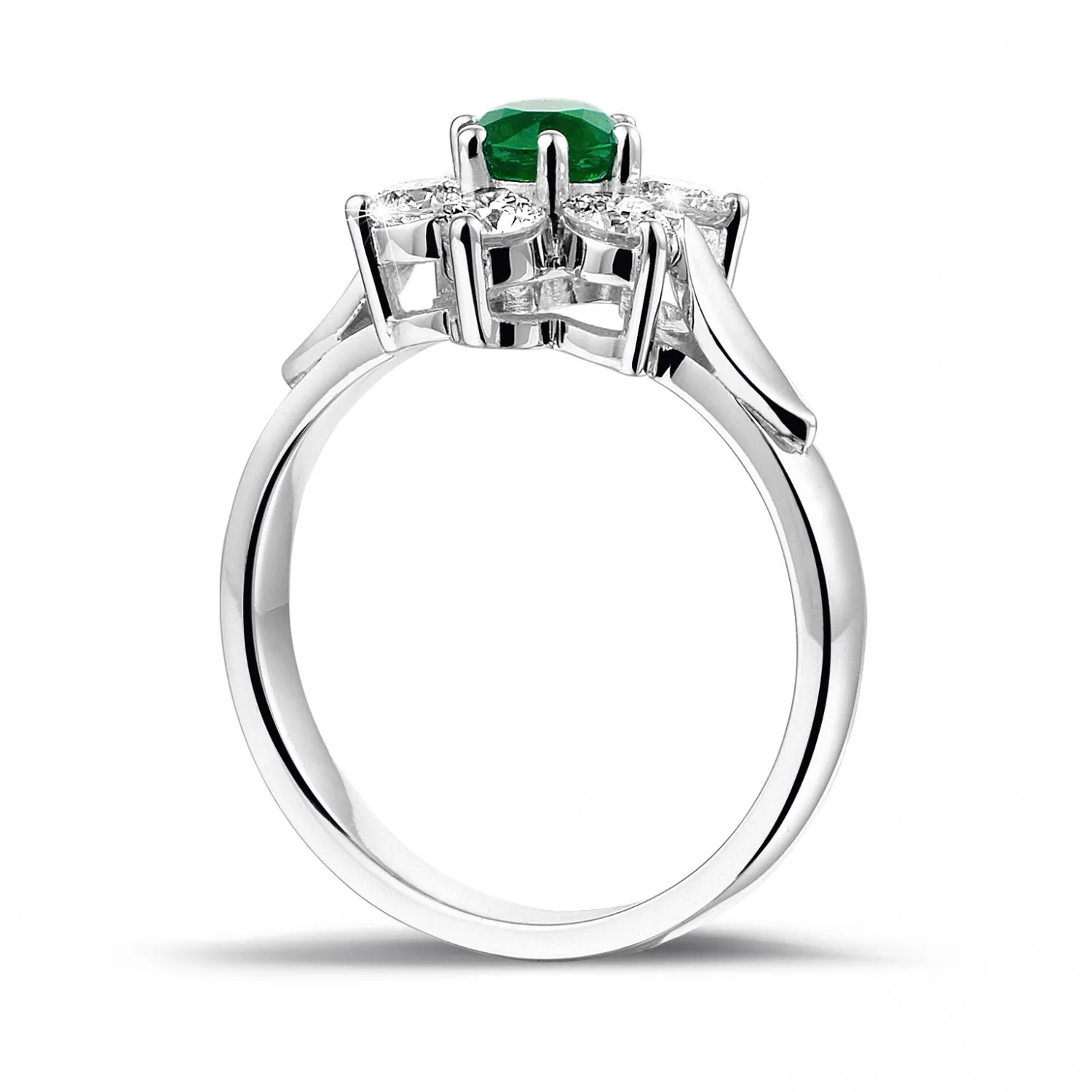 Anillo flor en Platino con esmeralda redonda y diamantes en los lados 