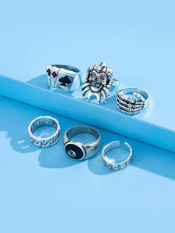 Anillo punk de plata para hombre de 6 piezas
