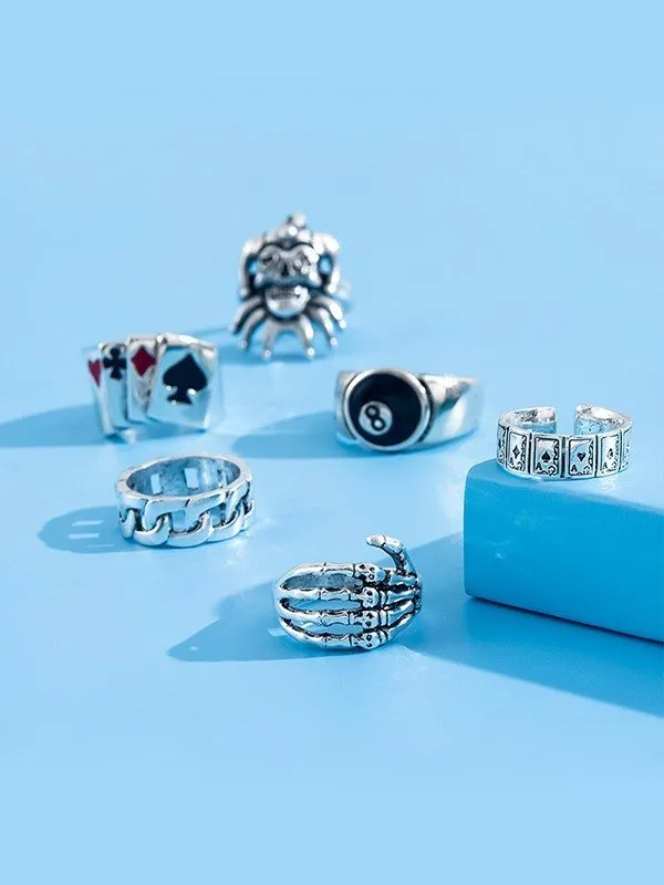Anillo punk de plata para hombre de 6 piezas
