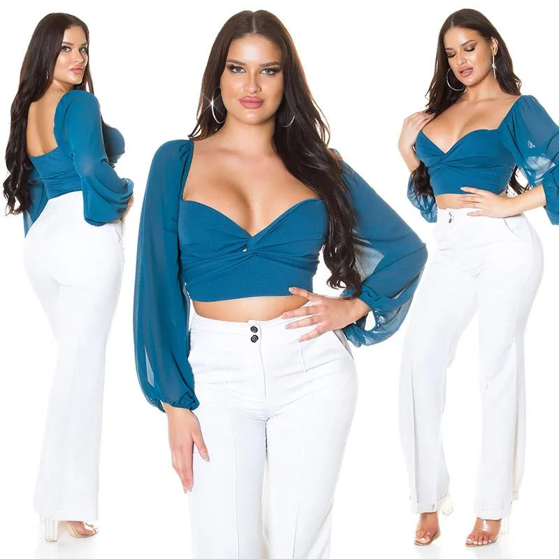Blusa crop con mangas de gasa petróleo 