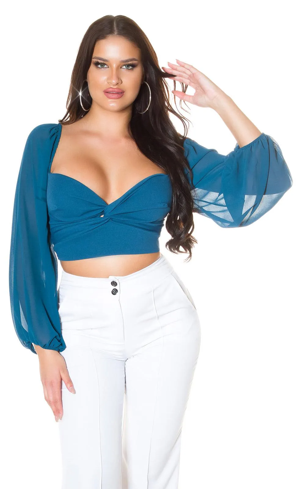 Blusa crop con mangas de gasa petróleo 