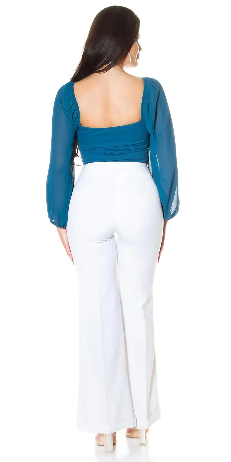 Blusa crop con mangas de gasa petróleo 