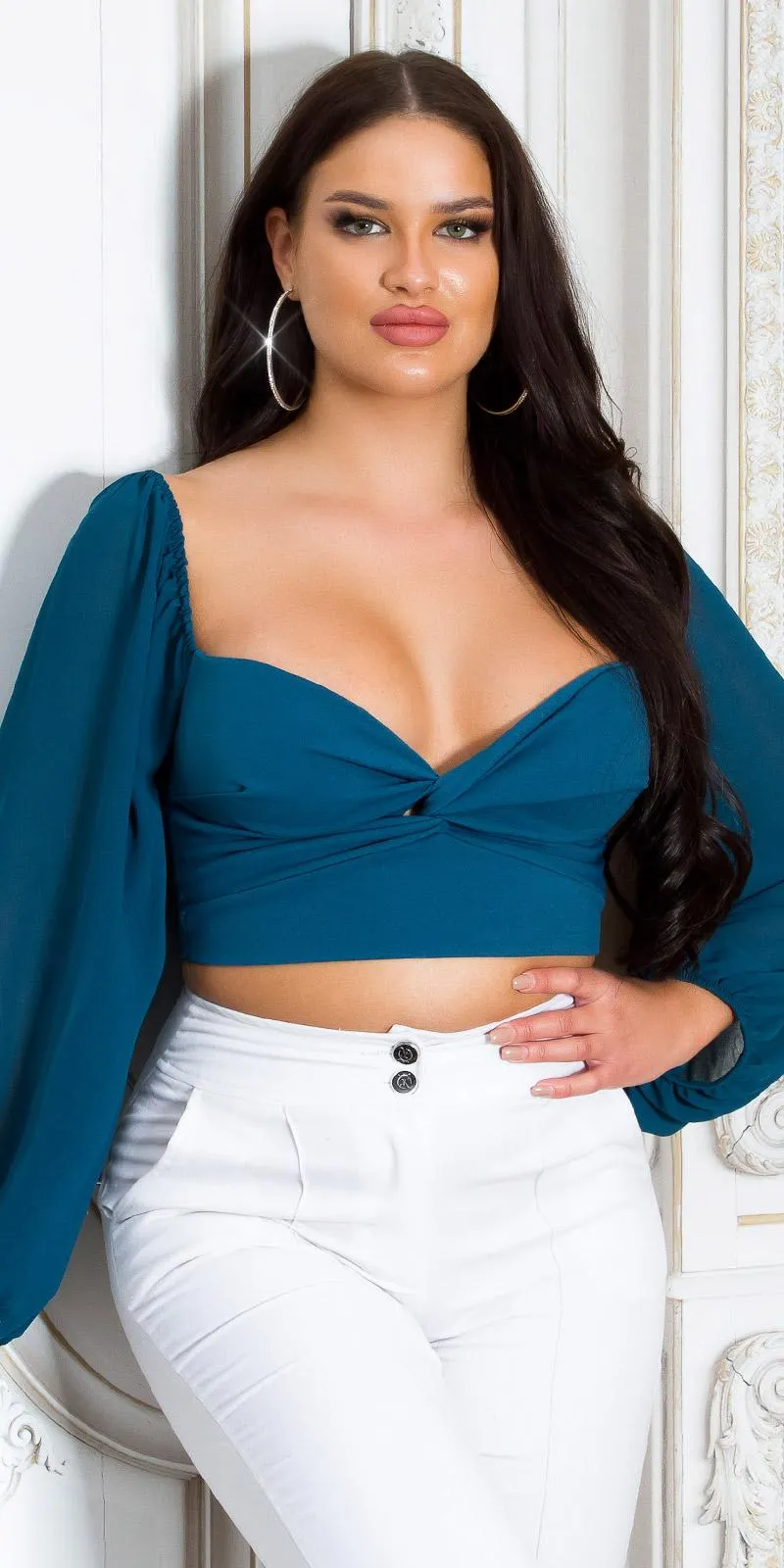 Blusa crop con mangas de gasa petróleo 