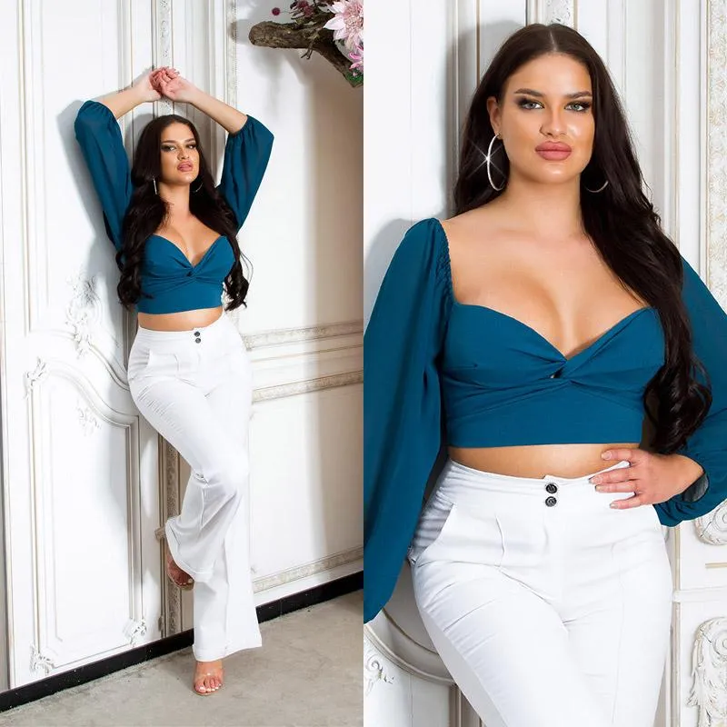 Blusa crop con mangas de gasa petróleo 