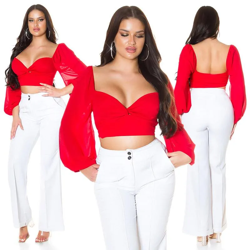 Blusa crop con mangas de gasa rojo