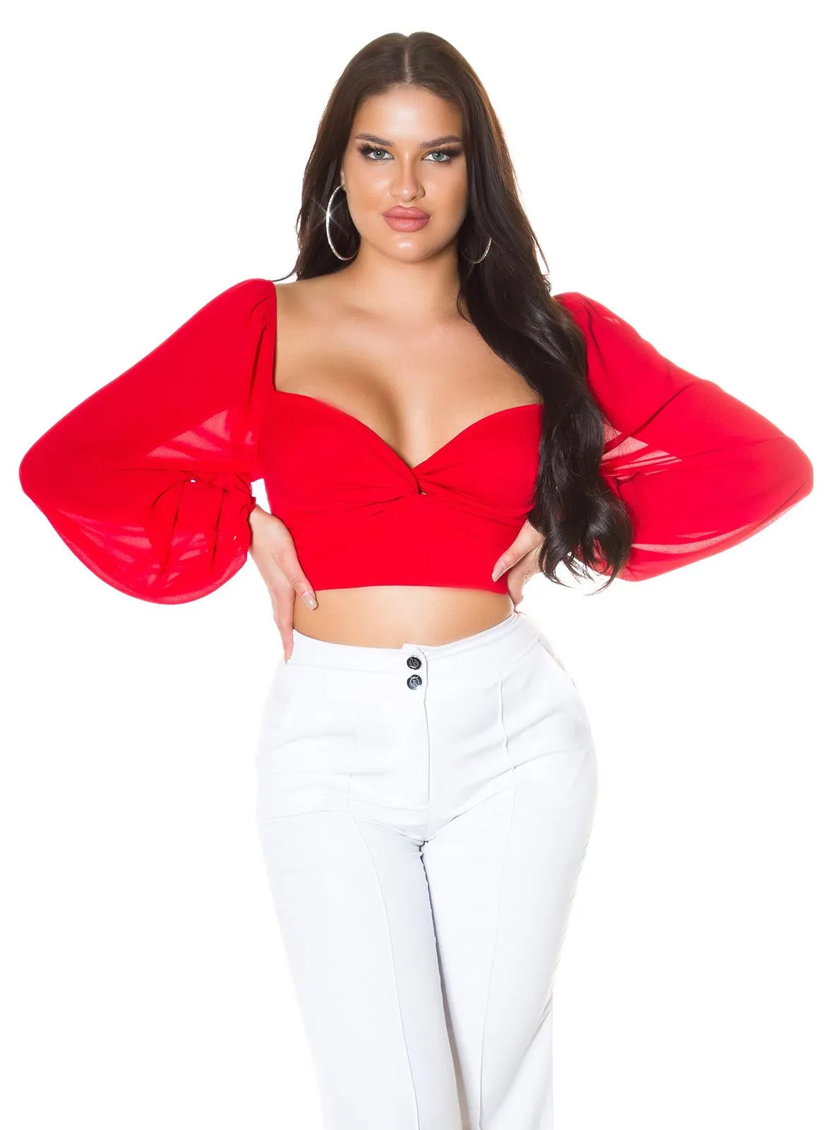 Blusa crop con mangas de gasa rojo