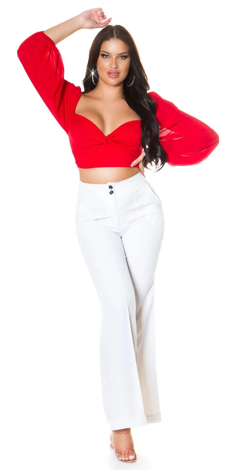 Blusa crop con mangas de gasa rojo