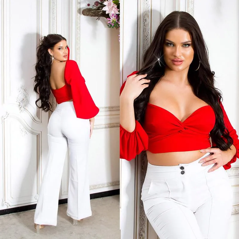 Blusa crop con mangas de gasa rojo