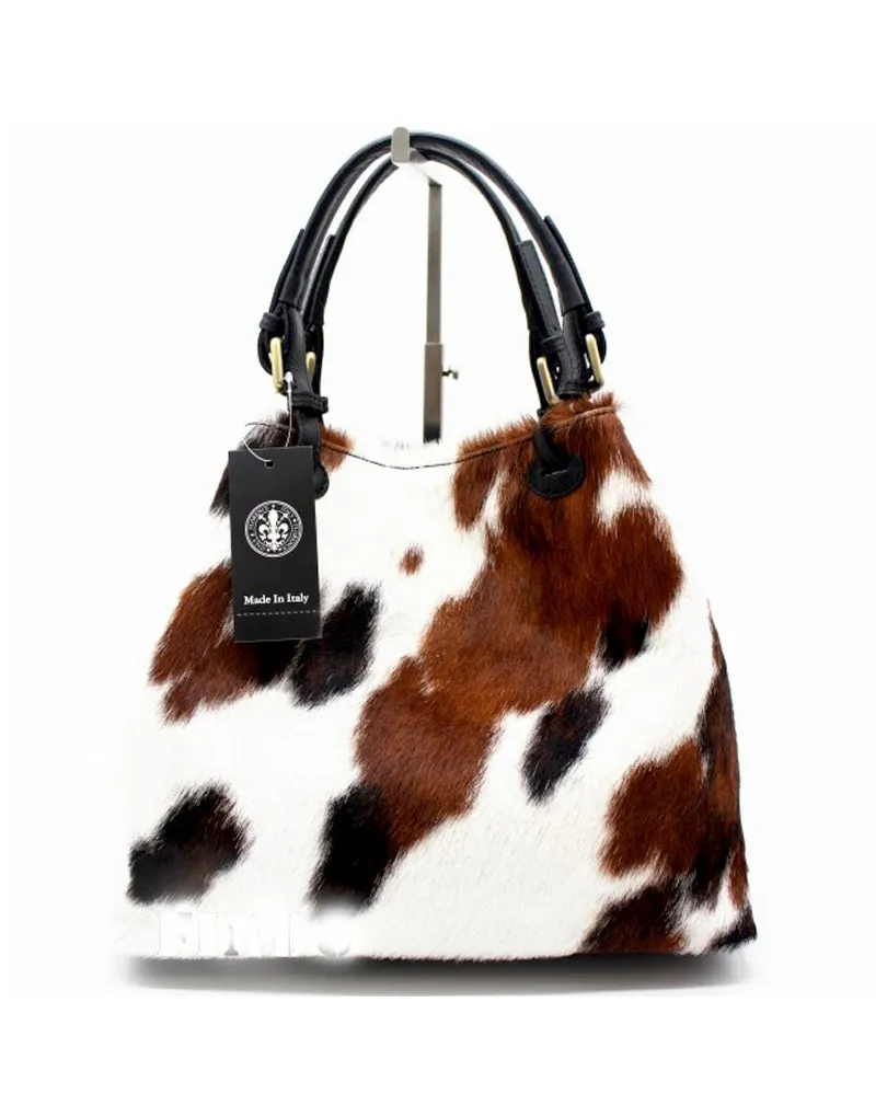 BOLSOS DE PIEL MUJER ONLINE CON PELO DE POTRO EFECTO VACA MARRON Y BLANCA