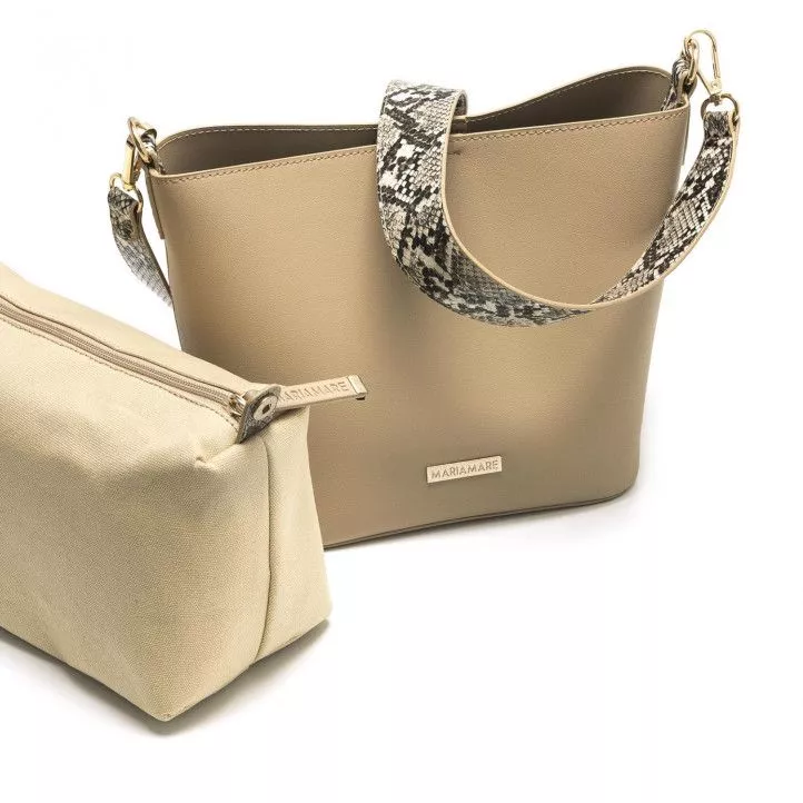 bolsos Maria Mare marrón con otro bolso en el interior y asa con estampado de serpiente