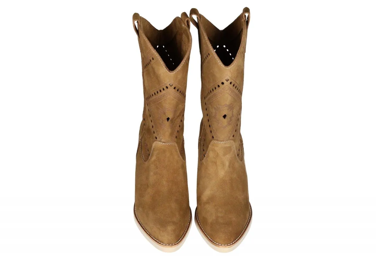 Bota Tejana Ante Cuero Picados Redondos Tacón Alto