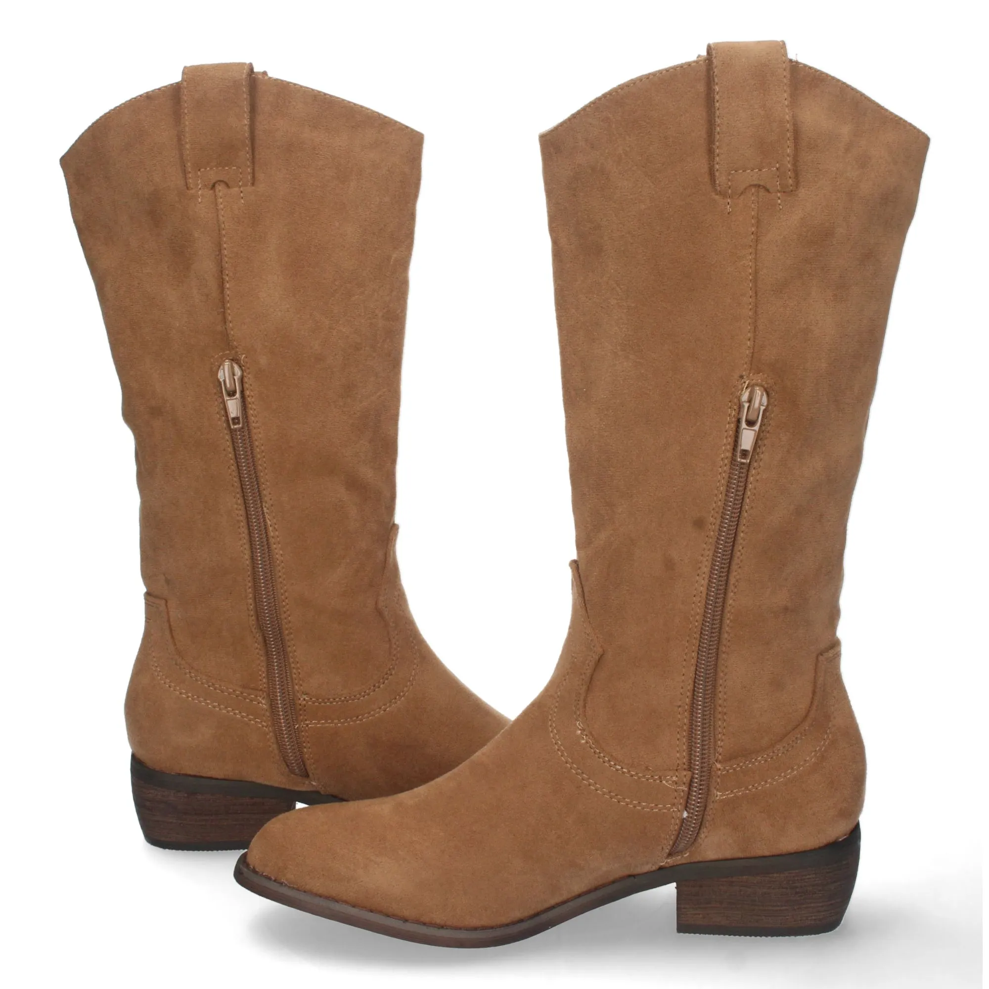 Botas con tacón bajo cómodo y tira en caña mujer color camel