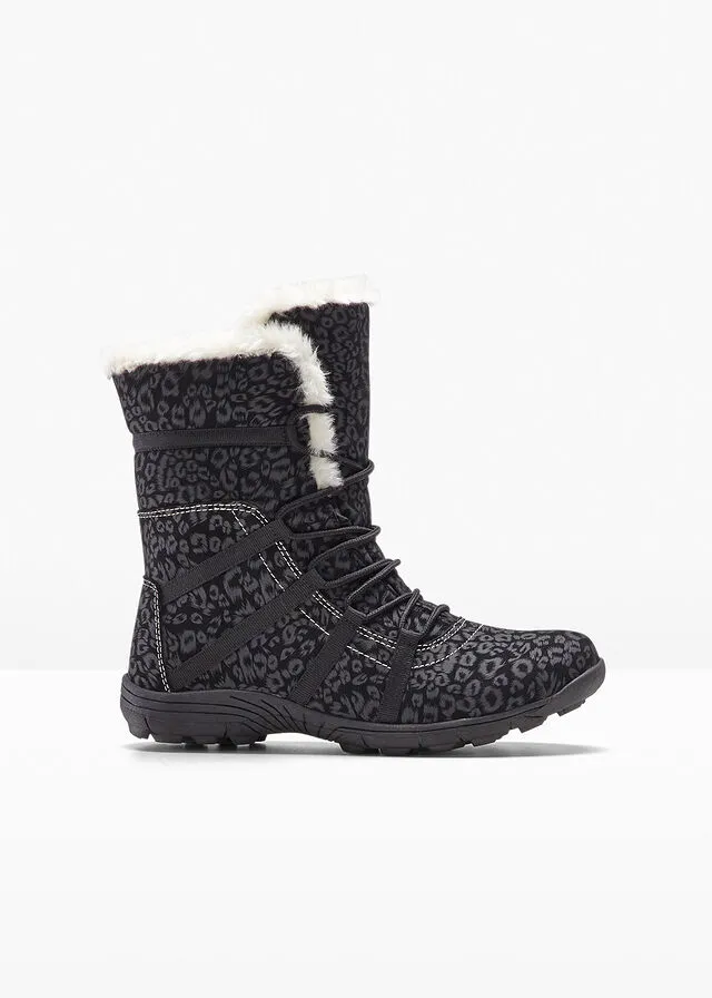 BOTAS DE CORDONES PARA INVIERNO NEGROGRIS OSCURO CON ESTAMPADO DE LEOPARDO