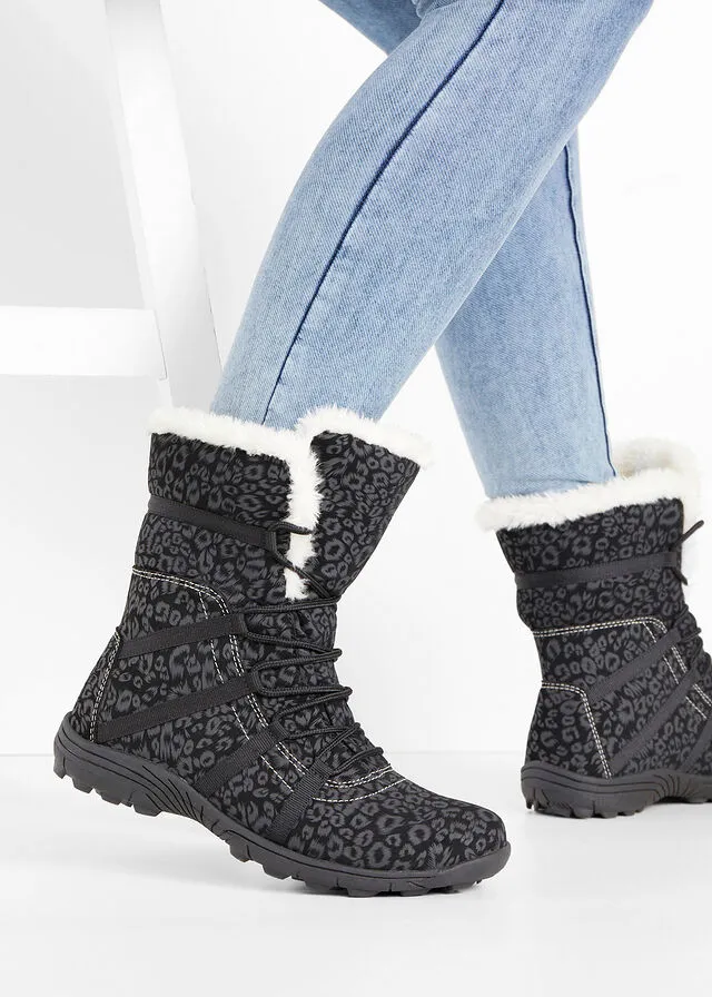BOTAS DE CORDONES PARA INVIERNO NEGROGRIS OSCURO CON ESTAMPADO DE LEOPARDO