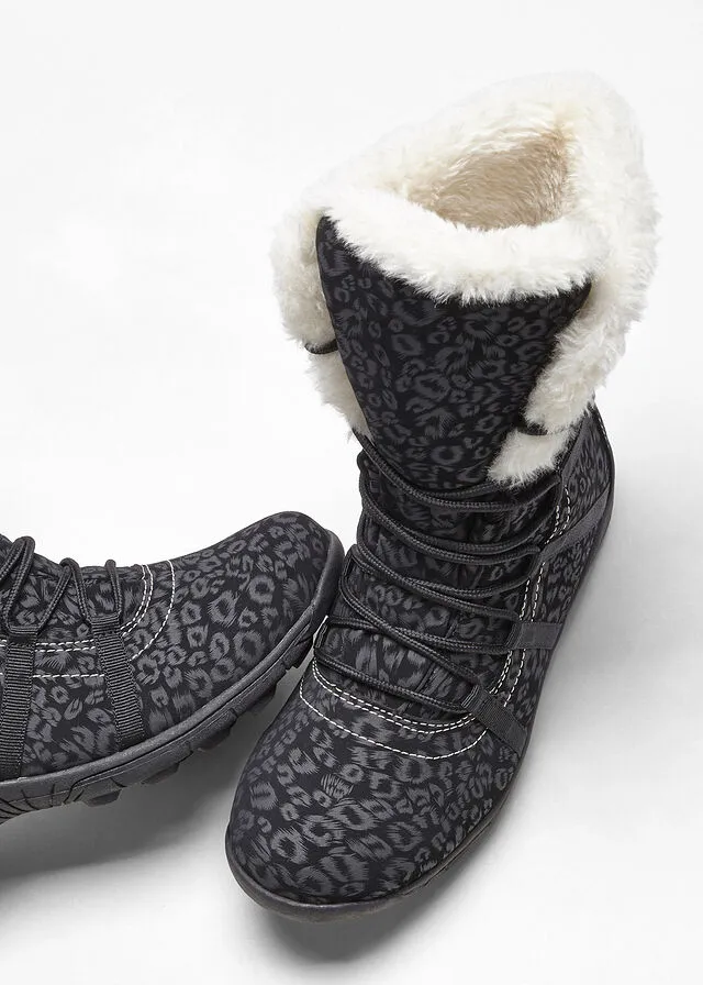 BOTAS DE CORDONES PARA INVIERNO NEGROGRIS OSCURO CON ESTAMPADO DE LEOPARDO