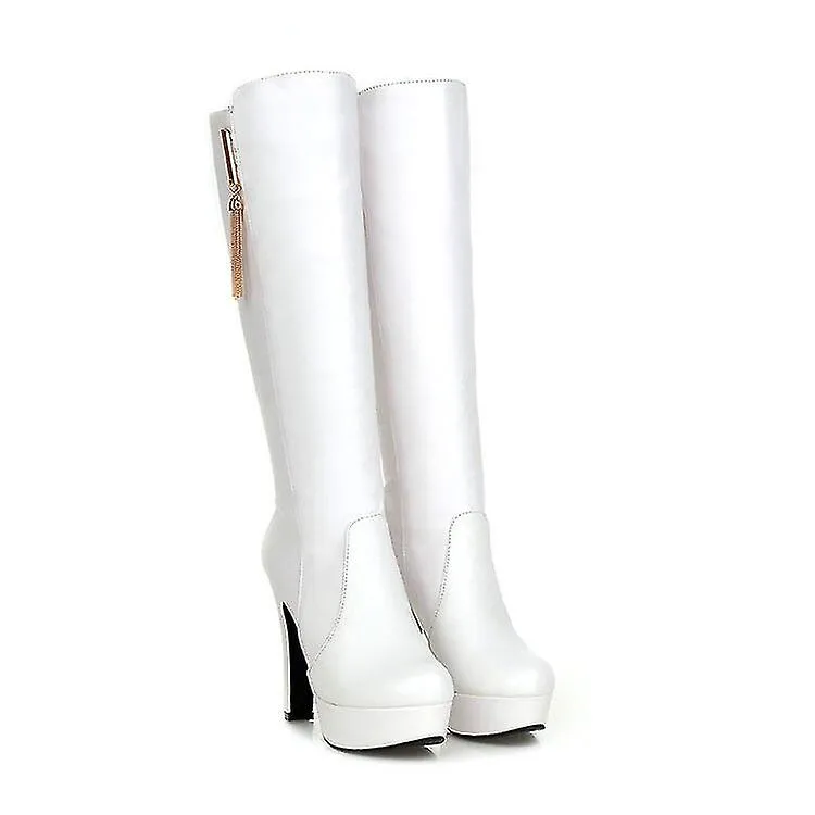 Botas de mujer Otoño Invierno Tacones altos cálidos Pu Cuero Zapatos altos hasta la rodilla Impermeable Sexy Slip On Black White