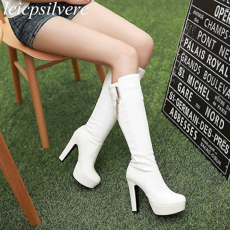 Botas de mujer Otoño Invierno Tacones altos cálidos Pu Cuero Zapatos altos hasta la rodilla Impermeable Sexy Slip On Black White