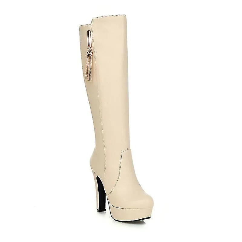 Botas de mujer Otoño Invierno Tacones altos cálidos Pu Cuero Zapatos altos hasta la rodilla Impermeable Sexy Slip On Black White
