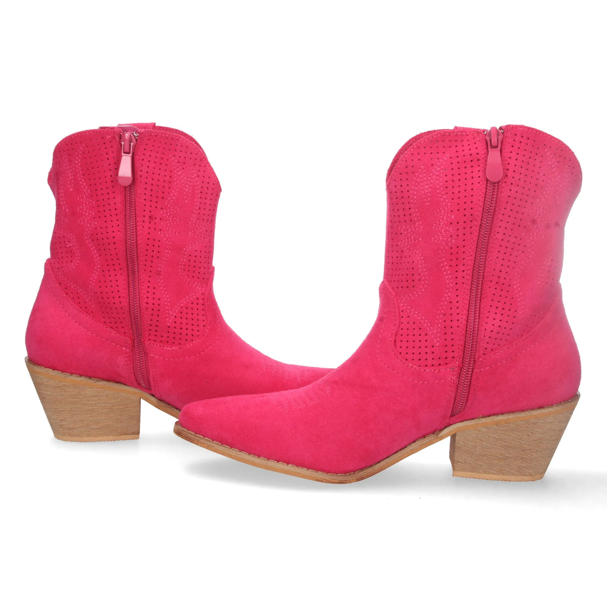 Botines cowboy camperos de tacón bajo para mujer fucsia