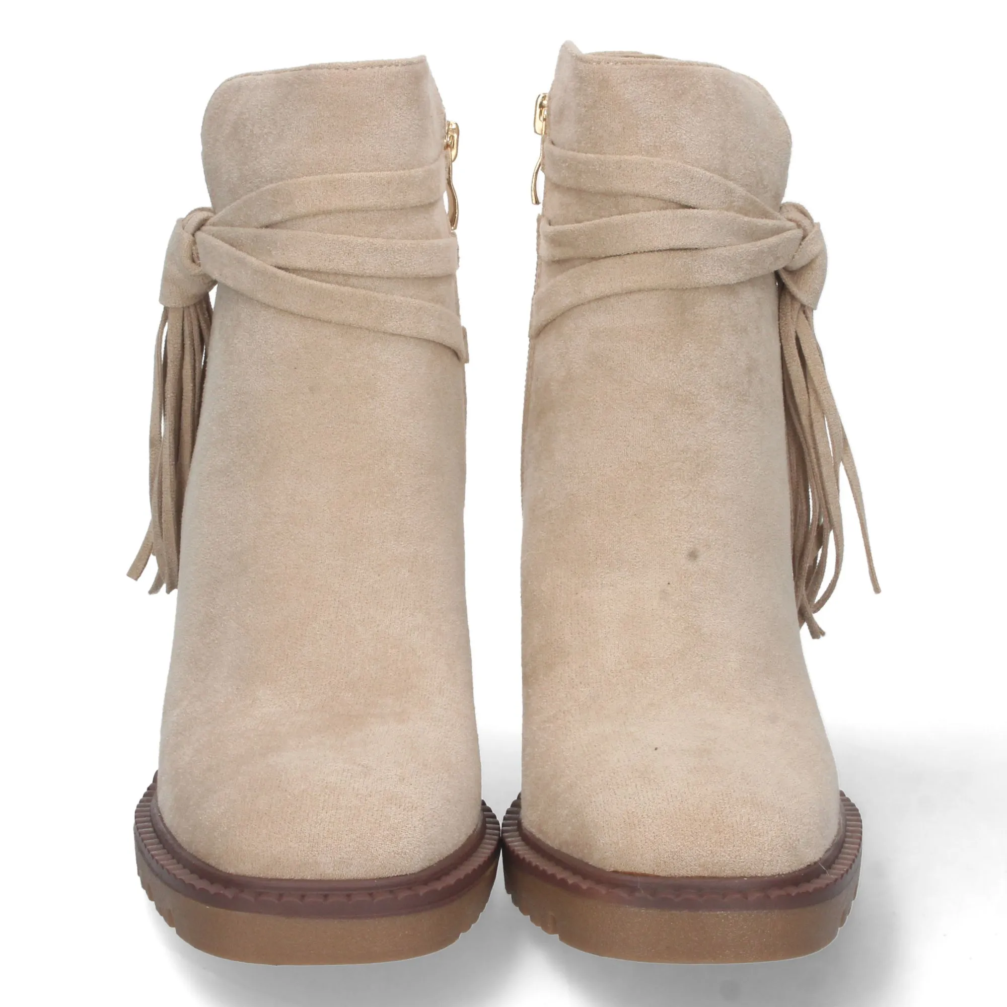Botines de tacón alto con flecos en caña mujer color beige