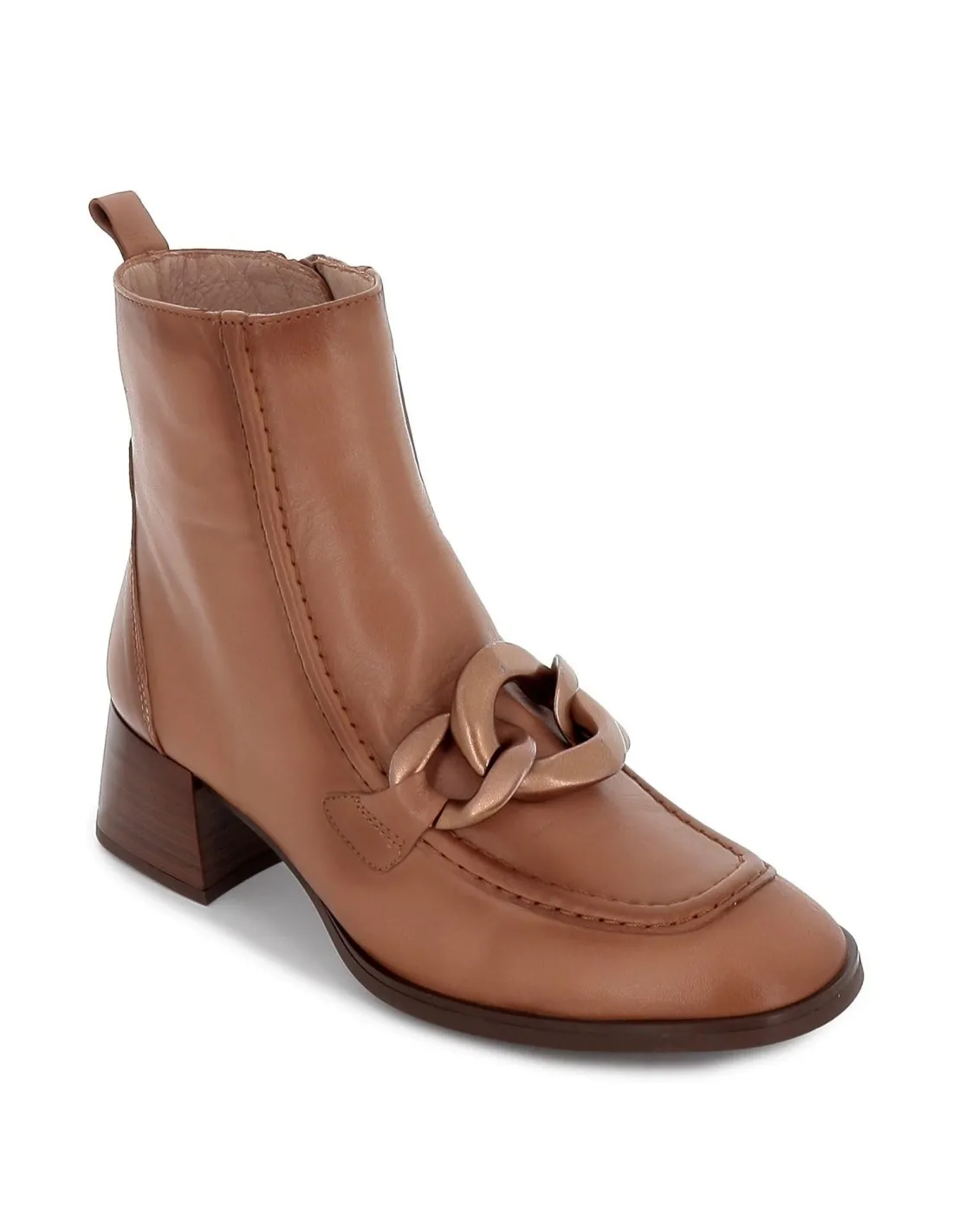 Botín tacón bajo con cadena piel beige mujer Hispanitas