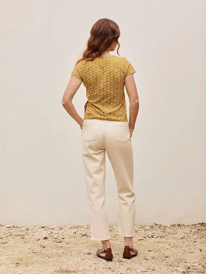 Camiseta cruzada mostaza étnica de algodón orgánico