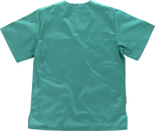 Casaca sanitario cuello de pico manga corta, un bolso de pecho, dos bolsos bajos Verde