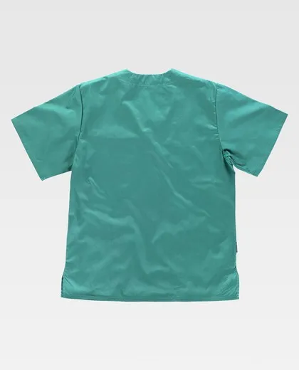 Casaca sanitario cuello de pico manga corta, un bolso de pecho, dos bolsos bajos Verde