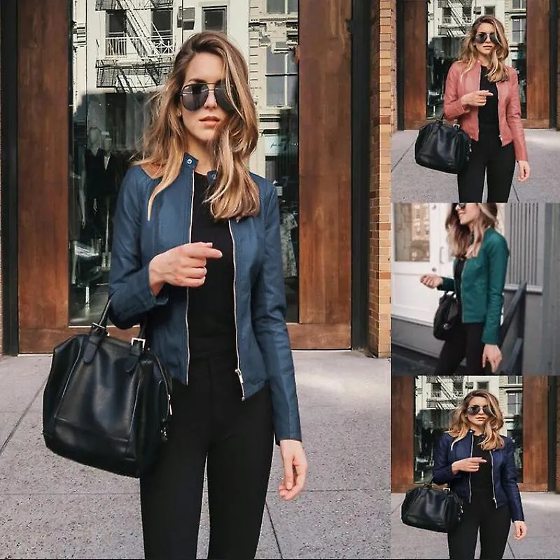 Chaqueta de cuero azul marrón mujeres otoño invierno Pu traje chaqueta pequeña