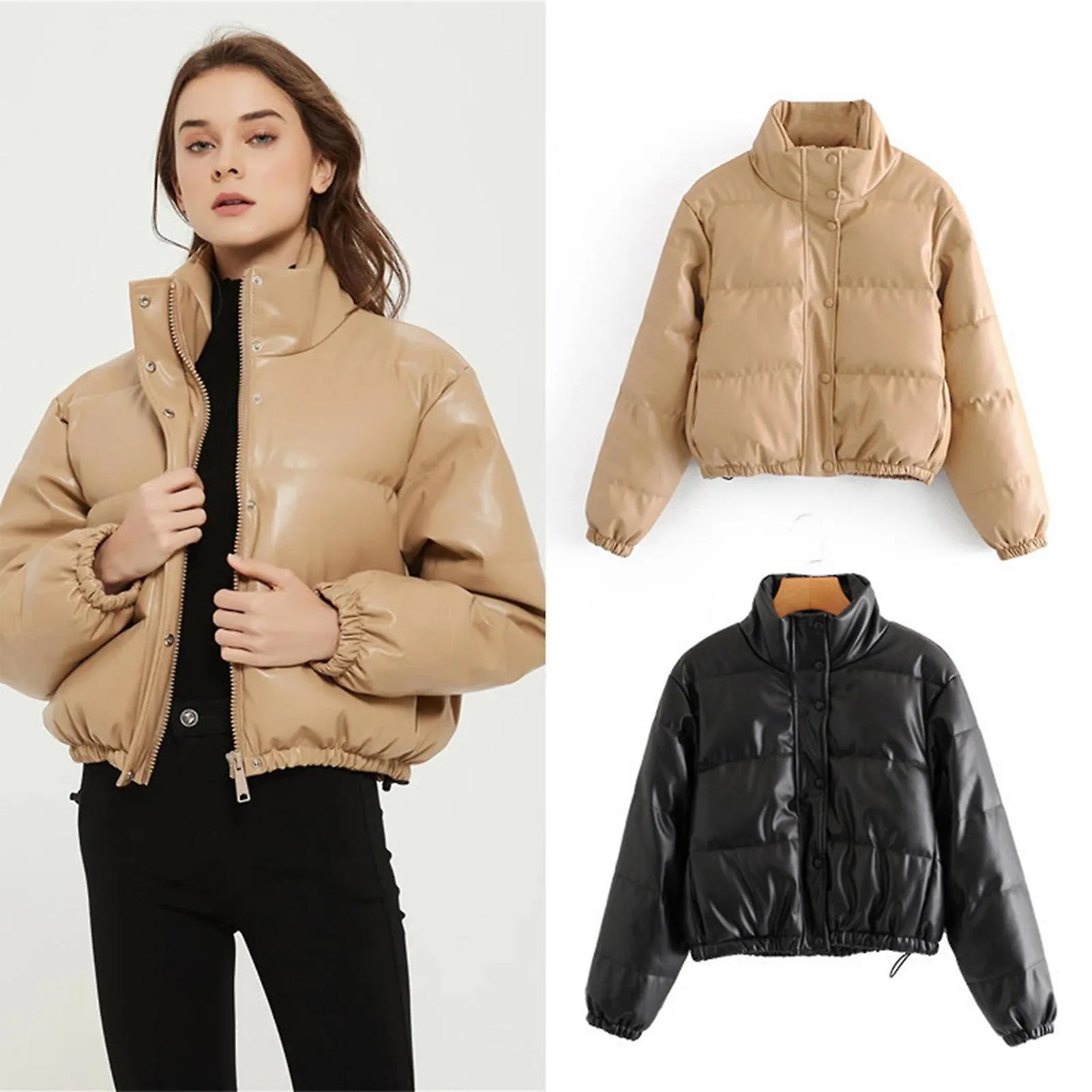 Chaqueta Pu de cuello de pie para mujeres Chaqueta de color sólido de otoño e invierno para mujeres Baile de fiesta diario forma