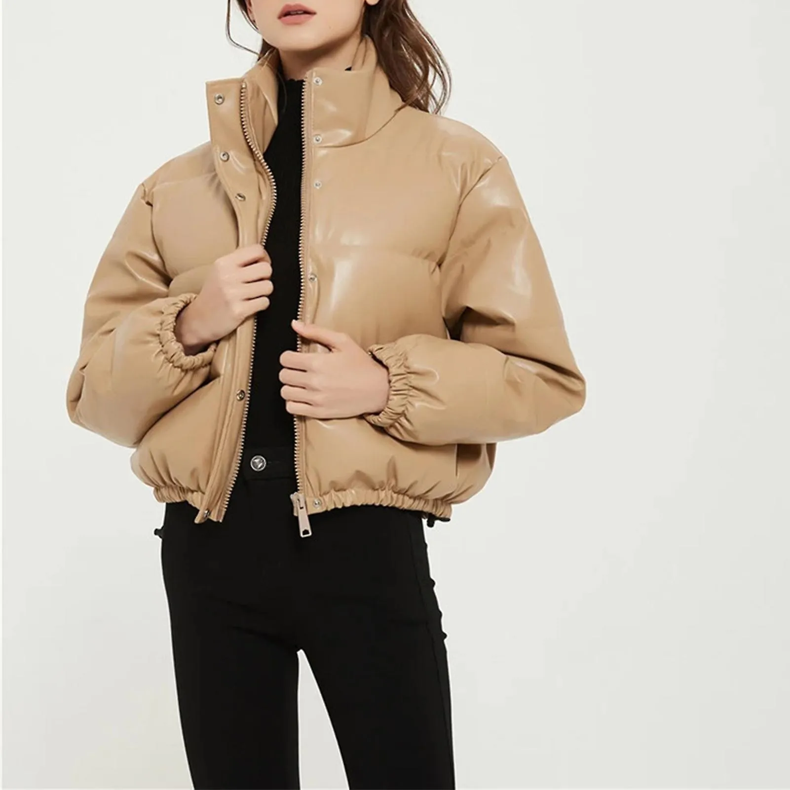 Chaqueta Pu de cuello de pie para mujeres Chaqueta de color sólido de otoño e invierno para mujeres Baile de fiesta diario forma
