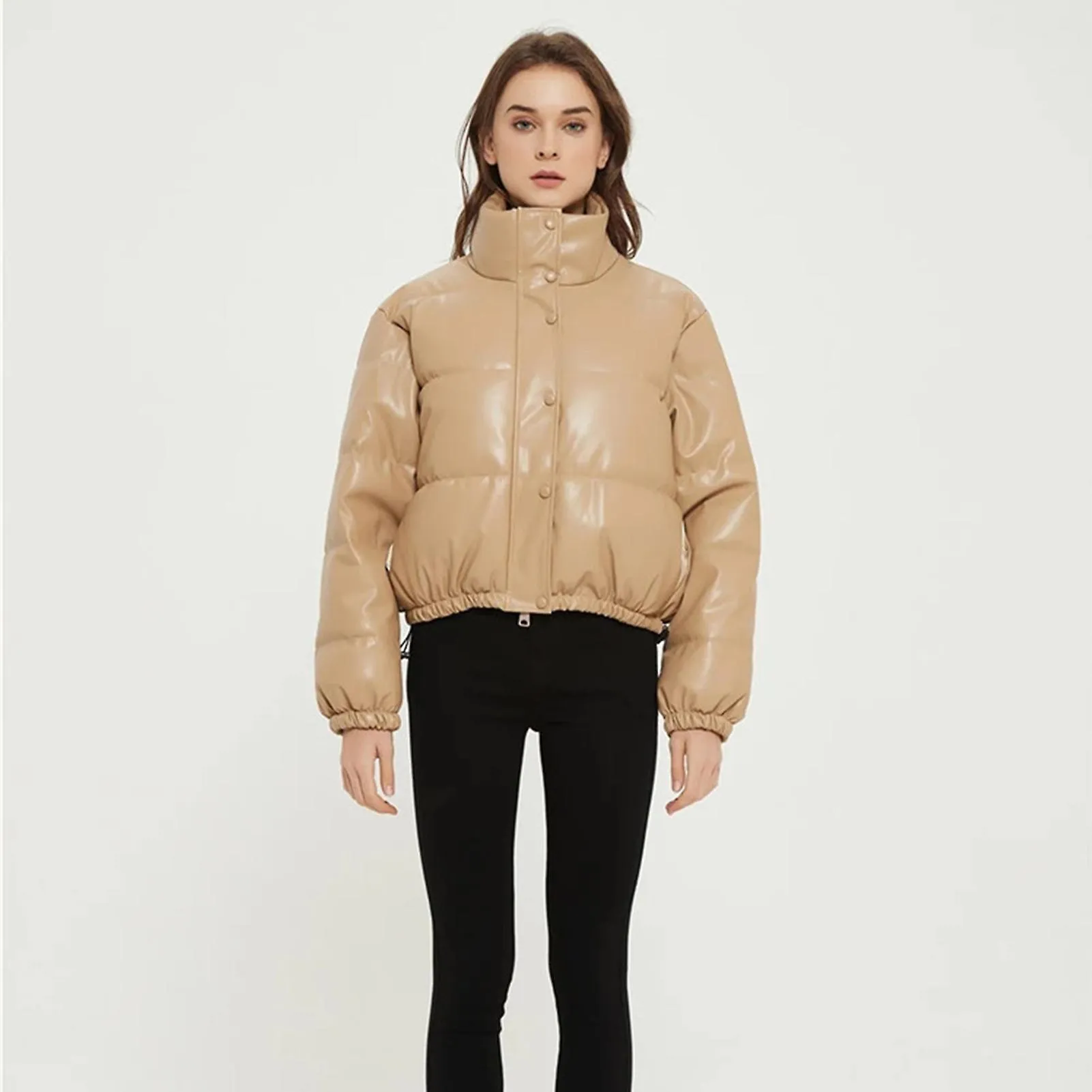 Chaqueta Pu de cuello de pie para mujeres Chaqueta de color sólido de otoño e invierno para mujeres Baile de fiesta diario forma