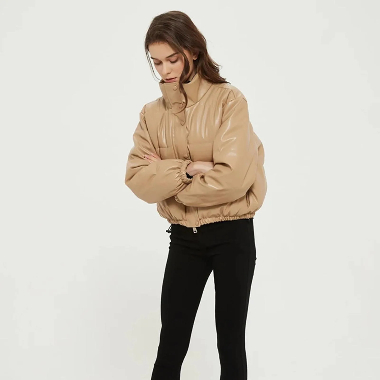 Chaqueta Pu de cuello de pie para mujeres Chaqueta de color sólido de otoño e invierno para mujeres Baile de fiesta diario forma