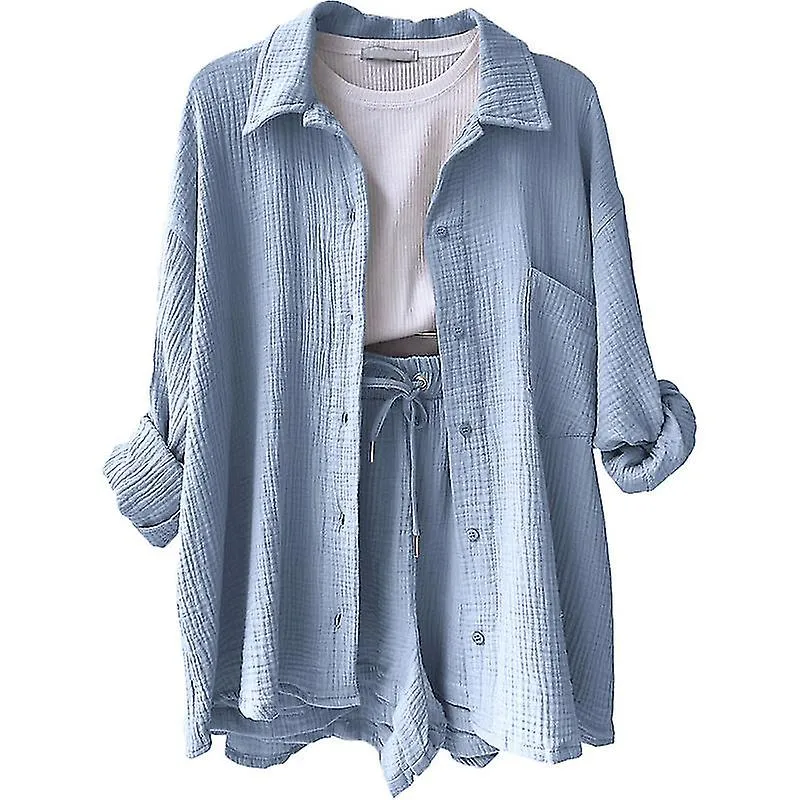 Conjunto de ropa de chándal de salón de 2 piezas para mujeres Lino de algodón camisa alta baja y pantalones cortos casuales con 