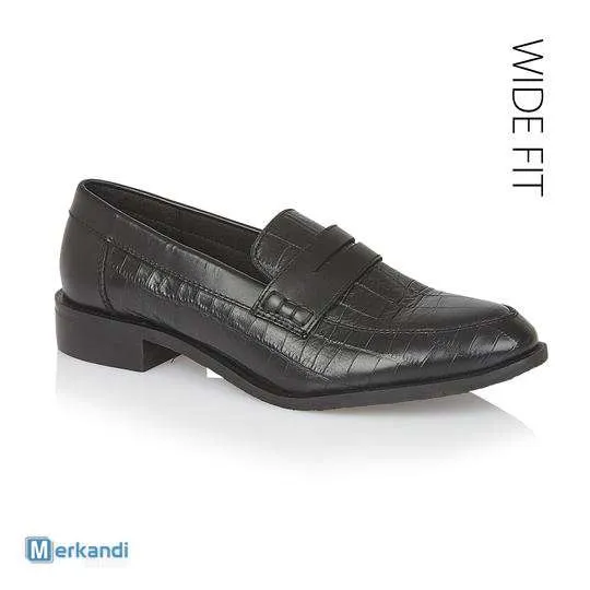 Damas Cuero Negro Croc Print Loafer, Tacón bajo, Wide Fit