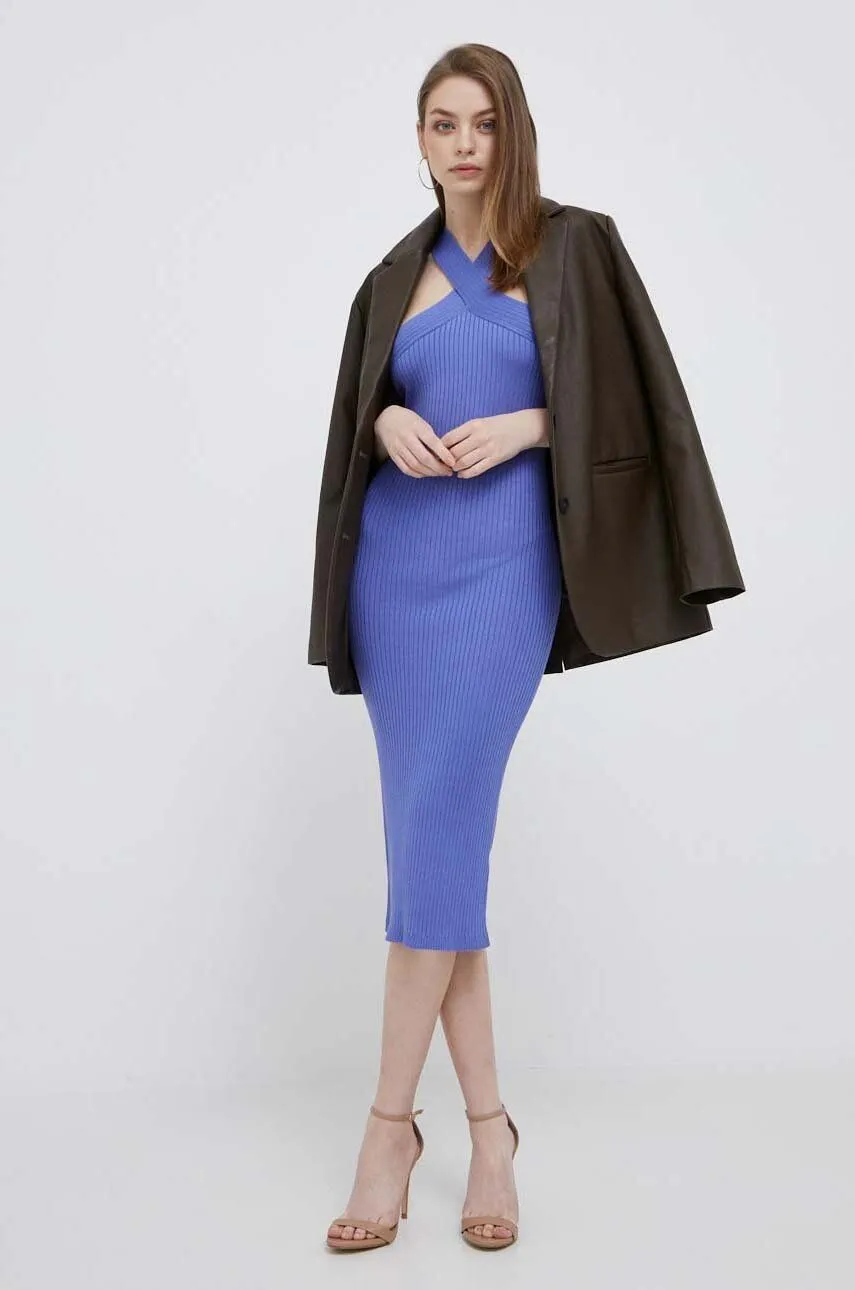 DKNY SWEATER KNIT CROSSOVER HALTER NECK SLEEVELESS SHEATH DRESS