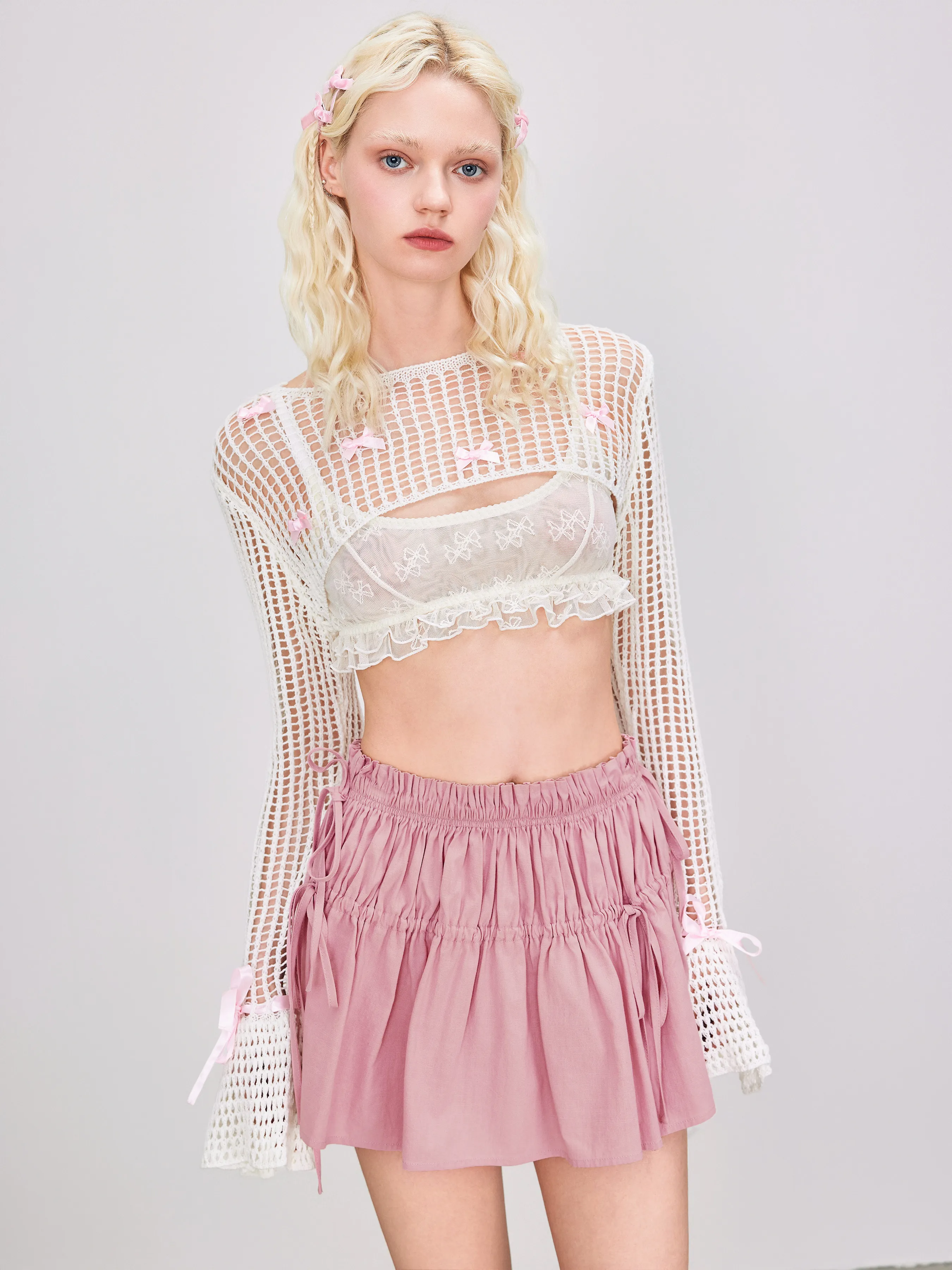 Falda Mini Sólida con Bajo de Volantes y Nudo de Tiro Bajo