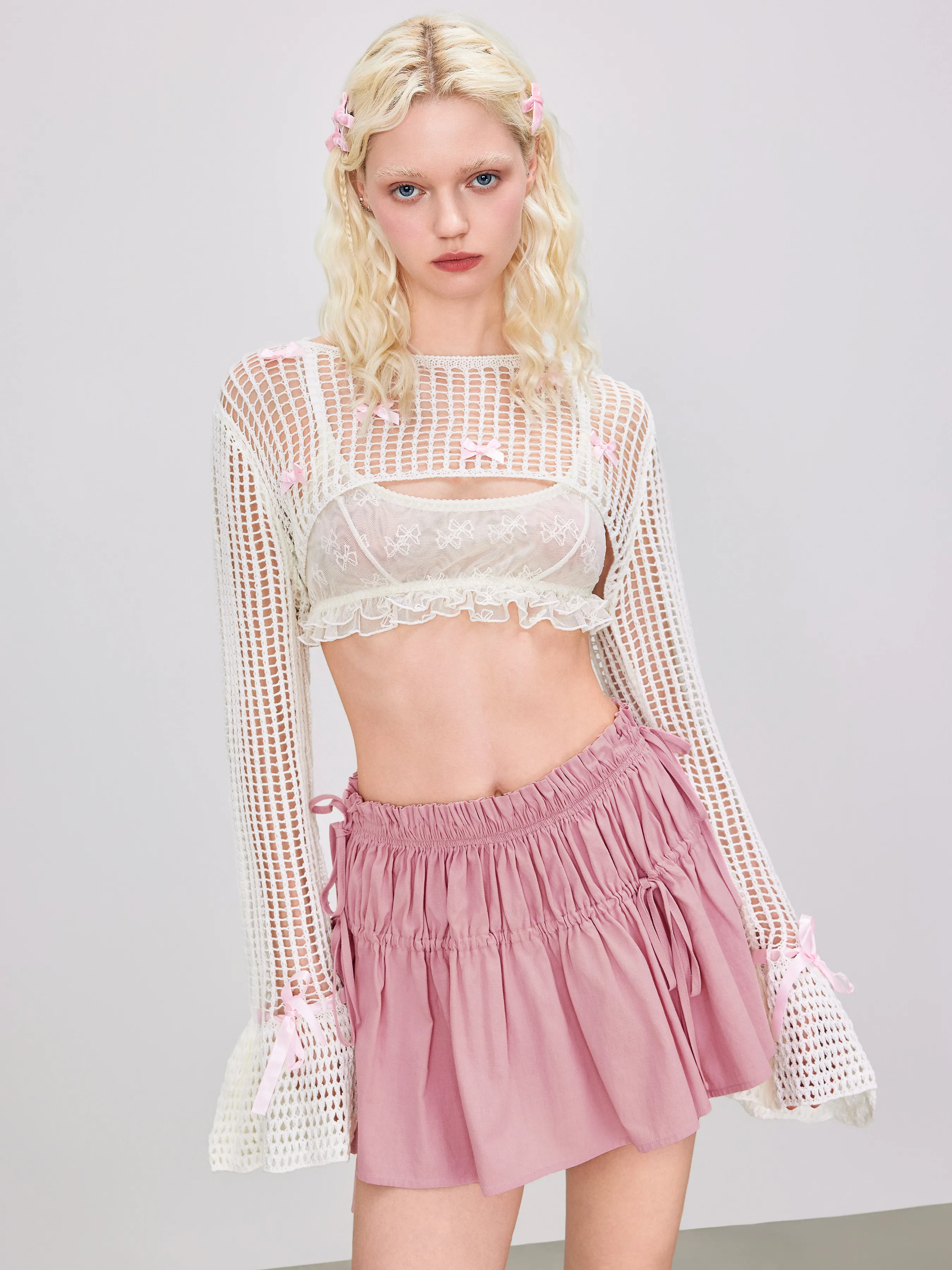 Falda Mini Sólida con Bajo de Volantes y Nudo de Tiro Bajo