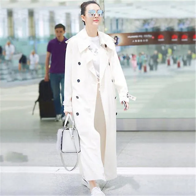 Gabardina blanca larga Mujer 2023 Nueva moda de primavera otoño Doble pecho delgado manga larga cortavientos rompevientos femeni