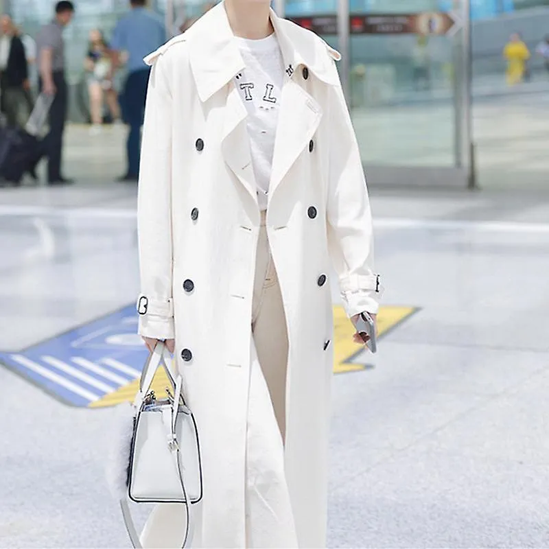 Gabardina blanca larga Mujer 2023 Nueva moda de primavera otoño Doble pecho delgado manga larga cortavientos rompevientos femeni