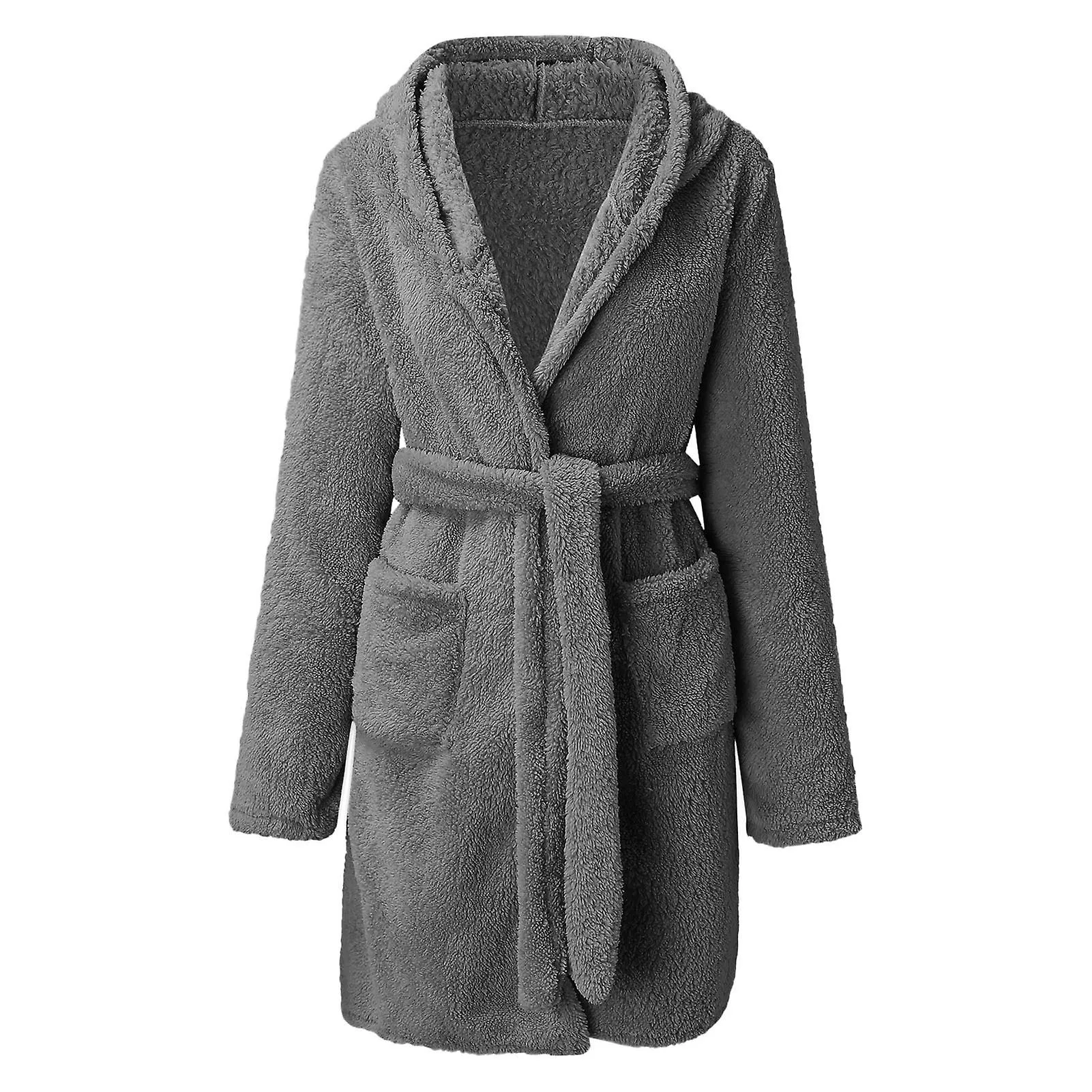 Invierno y otoño Albornoz difuso para mujer Coral Fleece Homewear con capucha frente abierto con cinturón