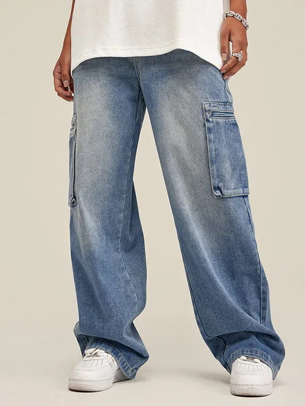 Jeans sueltos lavados de marca de moda americana recta para hombres