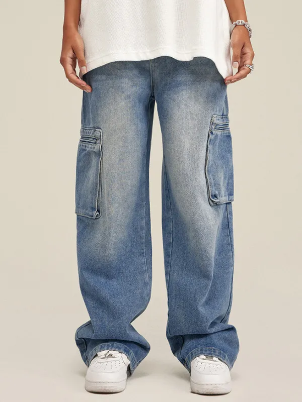 Jeans sueltos lavados de marca de moda americana recta para hombres